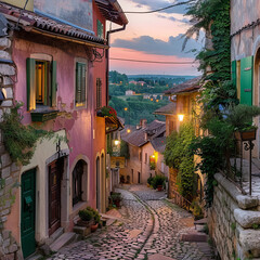 A captivating scene as night falls on a warm and inviting cobblestone street in a Mediterranean town