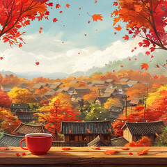 Rooibos tea flows into a mug, leaves scattered, with a traditional Hanok village lined with autumn foliage behind
