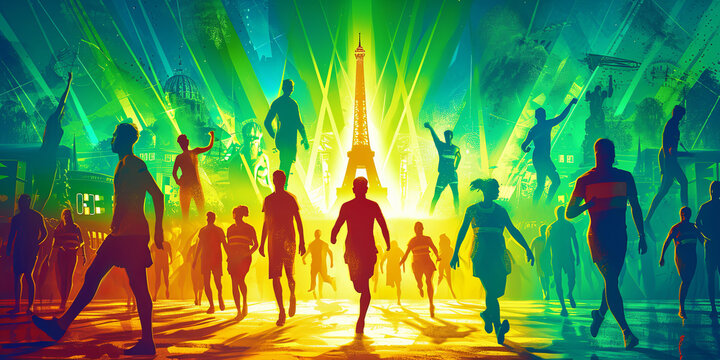 A colorful poster of a crowd of people running with a large Eiffel Tower in the background