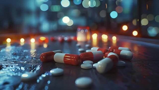 arious pill bottles and assorted pills scattered on the table. Medicine, health, illness, treatment depicted in 3D animated scientific illustration.