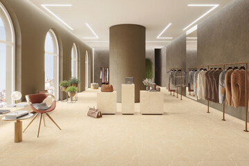 Perspective view of modern boutique interior design with tiles beige walls and floor and window with city view. 3D Rendering