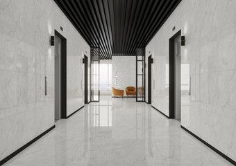 Luxury residential exterior with black and white marble floor and walls and designed wall paper, lift area. 3D Rendering