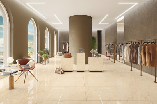 Luxury and fashionable brand window display. New collection of clothing and bag displayed at flagship store. Beautiful boutique with white and grey marble and lovely painting next to it. 3D Rendering
