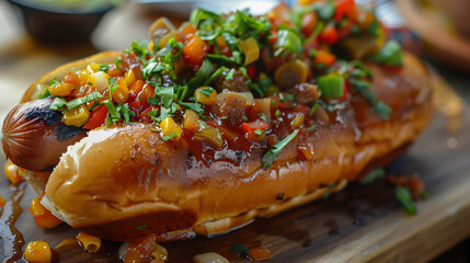 grilled hotdog  with vegetables - obrazy, fototapety, plakaty