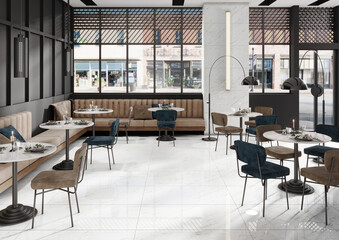 Cozy interior of restaurant with grey marble counter with wooden Comfortable modern dining space, hanging lamp and other aesthetically pleasing contemporary design elements, white floor. 3D Rendering