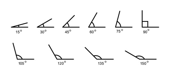 Various angles 15, 30, 45, 60, 75, 90, 105, 120, 135, 150 degree icon set. Geometric symbol.
