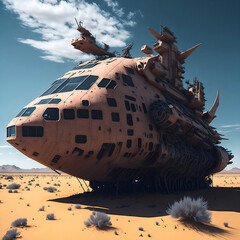 Abandoned spaceship in the desert. Photorealistic picture in square aspect ratio.