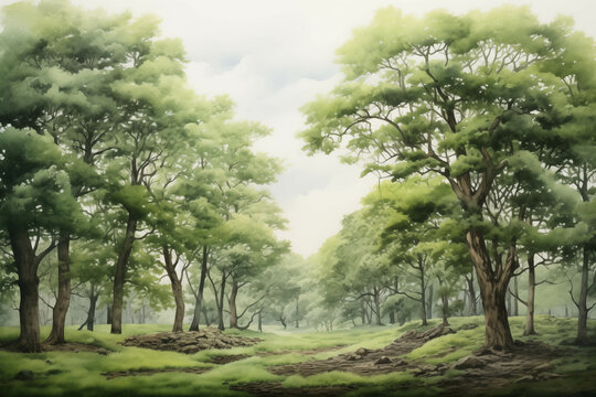 Watercolor painting of a completely green forest.