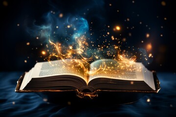 The open book with the glowing sky and stars is on an old wooden table. A dreamy atmosphere, with swirling clouds of smoke emanating from it, creating beautiful patterns in space. The background featu