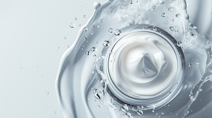 skin care moisturizing cream product shown with water splash from top view