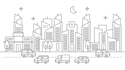 Black and white vector outline landmarks skyline with buildings city background