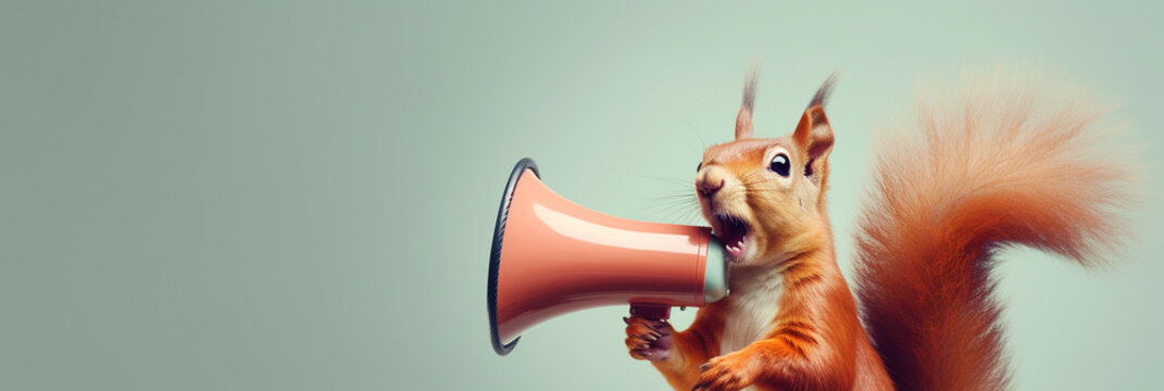 A squirrel with a megaphone making an announcement