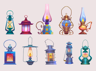 Old oil lamp, gas or kerosene camp lantern vector set. Antique light with fire isolated design. Vintage garden and camping portable outdoor warning flame. Safety miner hanging brass equipment - obrazy, fototapety, plakaty