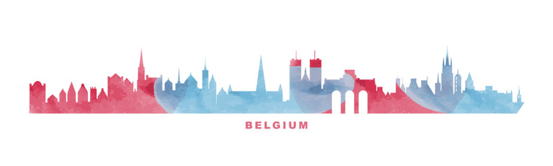 Belgium country skyline with cities panorama. Vector flat watercolor style banner, logo. Ghent, Brussels, Bruges, Antwerp silhouette for footer, steamer, header. Isolated graphic