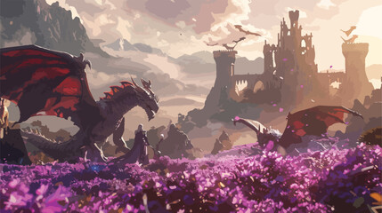 Epic hero elf knight in a purple flowers field fight 