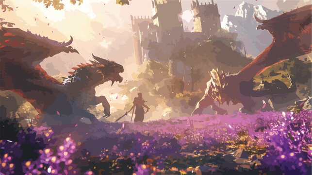 Epic hero elf knight in a purple flowers field fight 