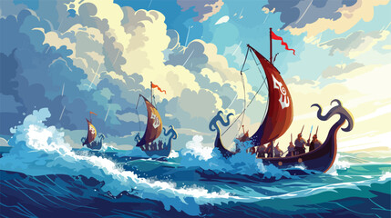 Epic Viking dragon boats sail through the raging sea  - obrazy, fototapety, plakaty