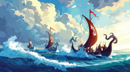 Foto op Canvas Epic Viking dragon boats sail through the raging sea  © Nobel