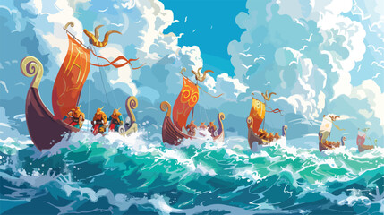 Epic Viking dragon boats sail through the raging sea 
