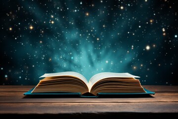 The open book with the glowing sky and stars is on an old wooden table. A dreamy atmosphere, with swirling clouds of smoke emanating from it, creating beautiful patterns in space. The background featu