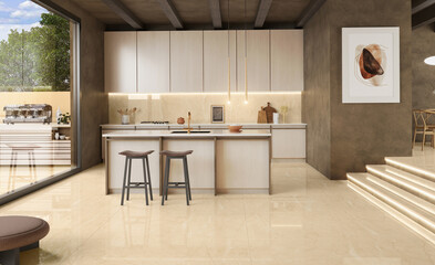 Morden Kitchen Interior with dining area, beige marble flooring, wooden kitchen shelves, a window with a lovely view, a plant for some fresh air, and other décor items. 3D Rendering