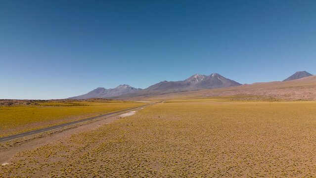 Desert road cutting through a vast, tranquil Altiplano landscape in Chile, under a clear blue sky