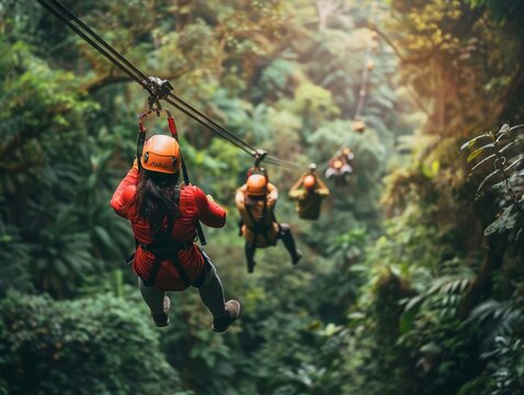 Thrilling Zip Line Adventure: Friends Excitedly Embark on Outdoor Challenge