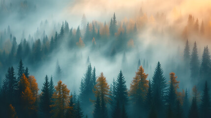 Foggy Forest and Mountain Mist in Winter Landscape