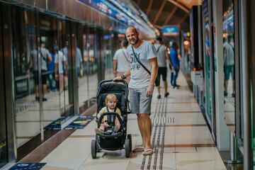 A man with a shaved head, pushing a stroller with a young child inside, stands at a metro station...