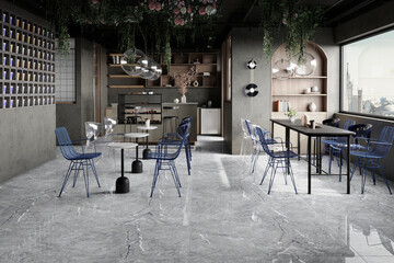 Cozy interior of restaurant with grey marble and ceramic counter with wooden Comfortable modern dining space, hanging lamp and other aesthetically pleasing contemporary design elements. 3D Rendering