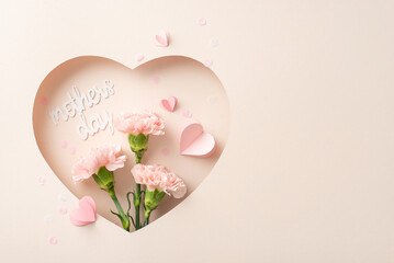 Mother's Day refined layout or commercial concept. Top view photo of delicate cloves, elegant calligraphy, seen through silhouette of heart on a pastel backdrop with space for heartfelt text or advert