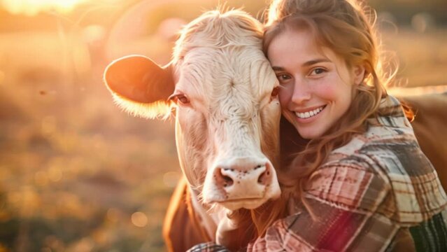 An agricultural farmer hugging a cow with sunlight, a concept that relates to veterinary healthcare