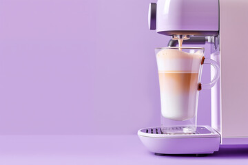 machine à café multi boissons, violette et blanche avec des parties chromées et un mug transparent rempli de caffe latte très crémeux, Machine expresso sur fon violet avec espace négatif copy space - obrazy, fototapety, plakaty