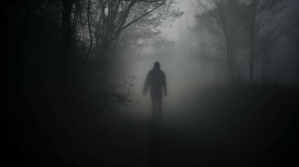 A mysterious shadow standing deep in the forest amidst very thick fog.
