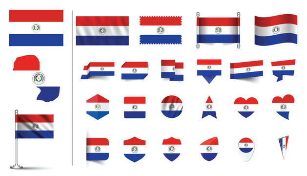 set of Paraguay flag, flat Icon set vector illustration. collection of national symbols on various objects and state signs. flag button, waving, 3d rendering symbols