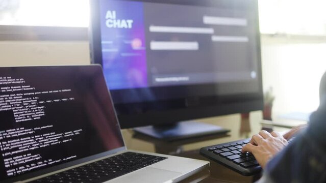 AI chat bot: Programmer using artificial intelligence for software development. Virtual robot technology trend