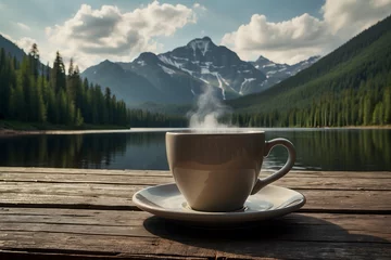 Foto op Plexiglas A landscape of a cup of coffee with a lake © AungThurein