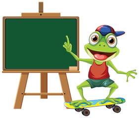 Cartoon frog on skateboard pointing at blackboard - 768468124