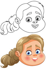 Colorful and outlined illustrations of a happy girl