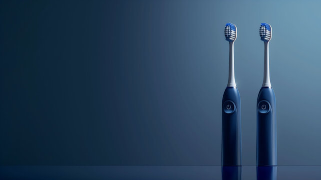 Pair of Electric Toothbrushes on Reflective Blue Surface