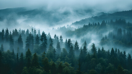 Foggy Forest and Mountain Mist in Winter Landscape - obrazy, fototapety, plakaty