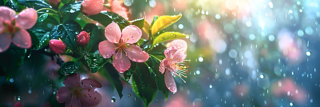 spring flowers rain drops abstract blurred backgro 46 Close-up of wet pink flower Camelia Skin Art of nature, Generative Ai