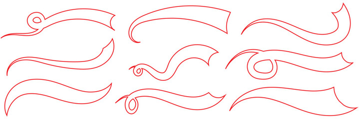 Set of Swoosh and swoop underline typography tails shape in flat styles. Brush drawn curved smear. Hand drawn curly swishes, swash, twiddle. Vectors calligraphy doodle swirl on white background.Vector - obrazy, fototapety, plakaty