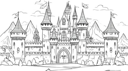 Fantasy drawing of medieval Gothic castle. Black