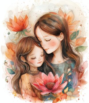 Artistic illustration depicting a tender moment between a mother and her child surrounded by nature motifs.