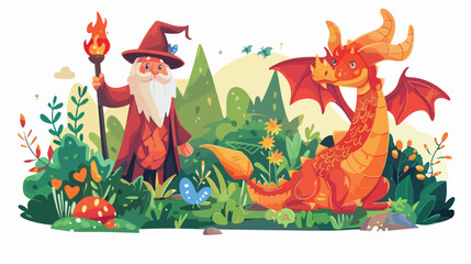 fantasy garden with dragon and wizard symbolizing