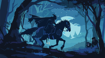 Fantasy horseman in a hood fighting zombies in dark 