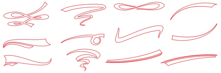Fotobehang Set of Swoosh and swoop underline typography tails shape in flat styles. Brush drawn curved smear. Hand drawn curly swishes, swash, twiddle. Vectors calligraphy doodle swirl on white background.Vector © Kakal CF ID 4016033