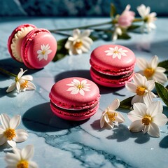 Obraz na płótnie Canvas Pink macaroons with flowers on pastel blue background, traditional french confectionery