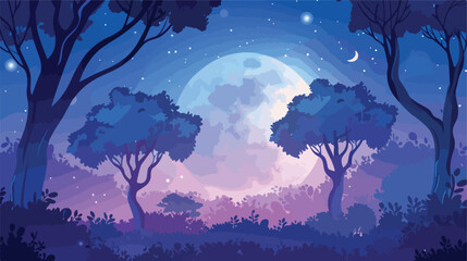 Fantasy landscape with fantasy forest and full moon. flat